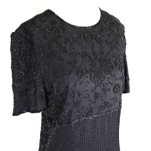 Parisian Room Dress Womens 12 Silk Black Beaded Lined Shoulder Pads LBD Vintage - Picture 7 of 9